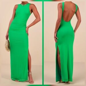 Lulus Karise Green Mesh Ruched Backless Maxi Dress, Size Small